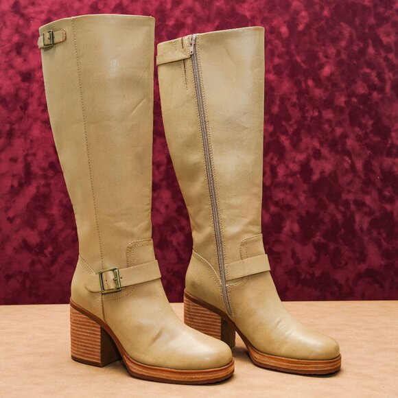 Korks Shoes - Korks Wmn Karelyn Distress Cream Wide Calf Faux Leather Block Heel Boots 6.5